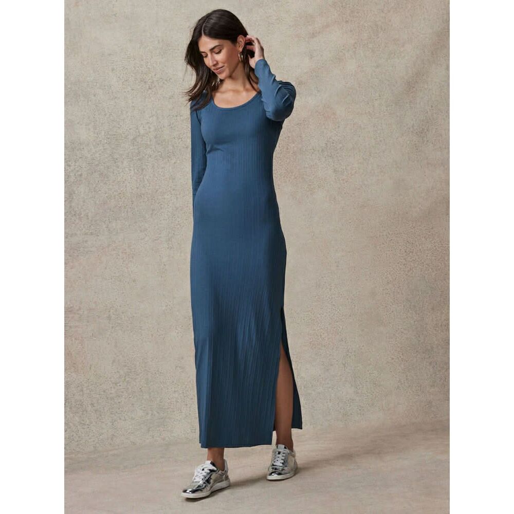 Wilfred Free Sweater Scoop Neck Blue Long Sleeve Stretch Ribbed Dress, XXS